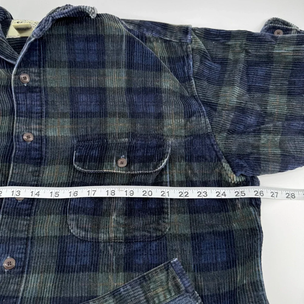 Eddie Bauer Corduroy Shirt Mens Large Blue Green Plaid Long Sleeve Button Down